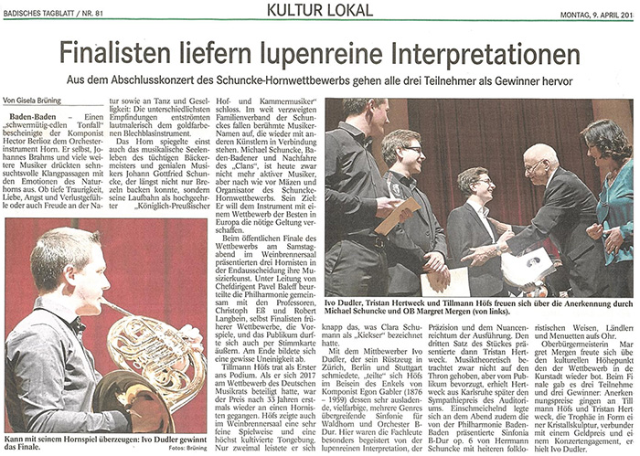 Pressestimme Badisches Tagblatt zum Hornwettbewerb 2018